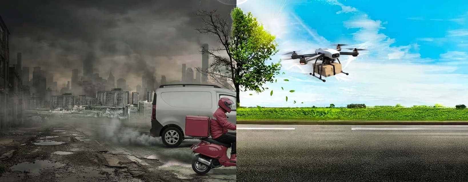 Solda dumanlı kara yolu trafiği, sağda açık gökyüzünde kargo taşıyan drone