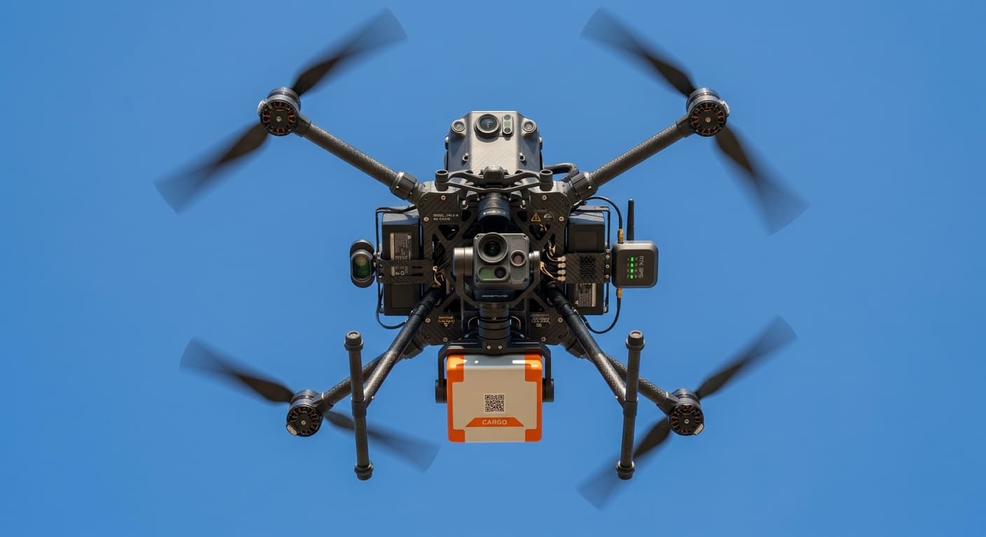 Yük taşıyan drone, açık gökyüzünde yakın çekim